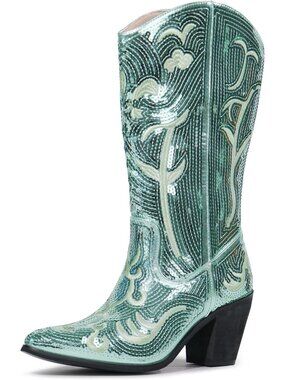 Women's Green Sequin Sequin Western  Mid Calf Wide Calf High Fashion Cowboy boot